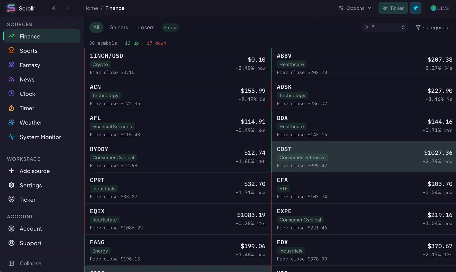 Scrollr finance view showing market prices, changes, and watchlist controls.