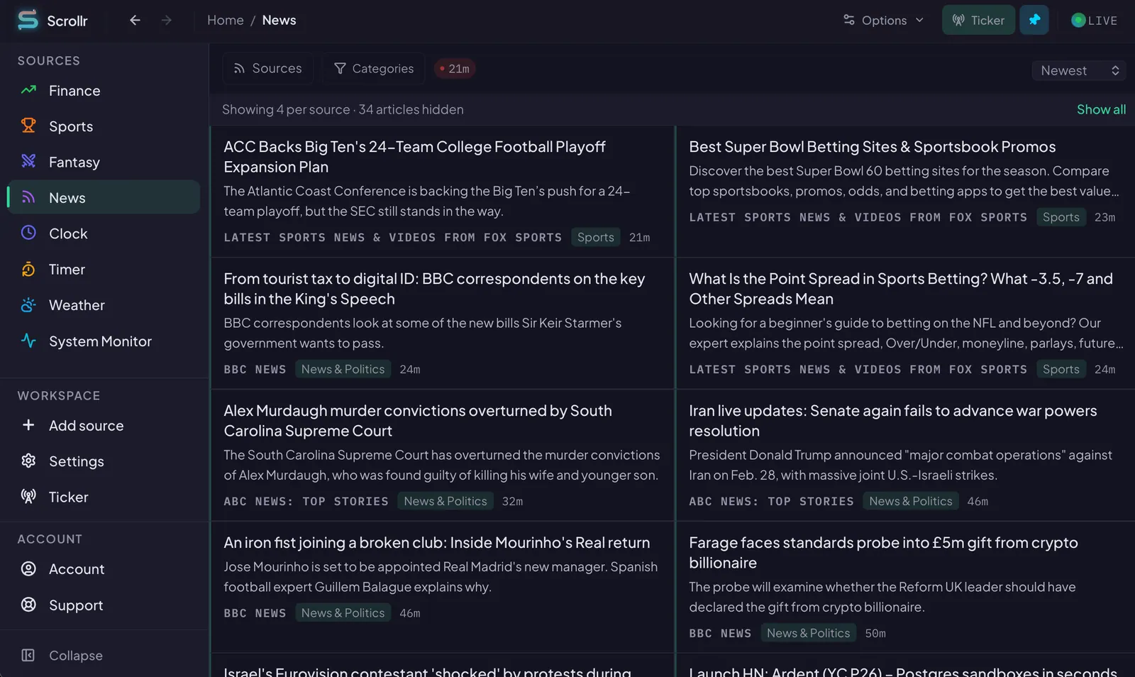 Scrollr news view showing recent headlines and source controls.